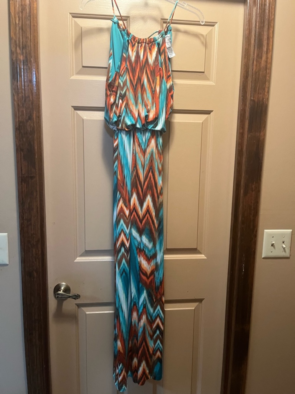 Sweet Romeo Teal & Rust Boho Maxi Dress with Spaghetti Straps